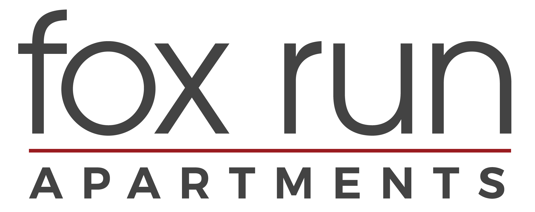A black and red logo for Fox Run Apartments.